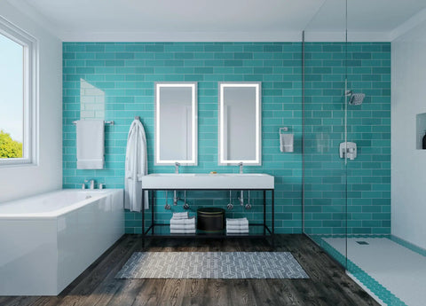 Modern bathroom with turquoise tiles, featuring a double sink vanity, large mirrors, and a walk-in shower with chrome fixtures.