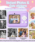 Kid Friendly Instant Print Camera With 1080P Photos Dual Lens For Wide And Close Shots Includes 32GB Card Easy To Use And Doodle Ready Fun Purple Color For Tiny Trendsetters. purple kids instant print camera with 2.4-inch screen and 56mm thermal paper