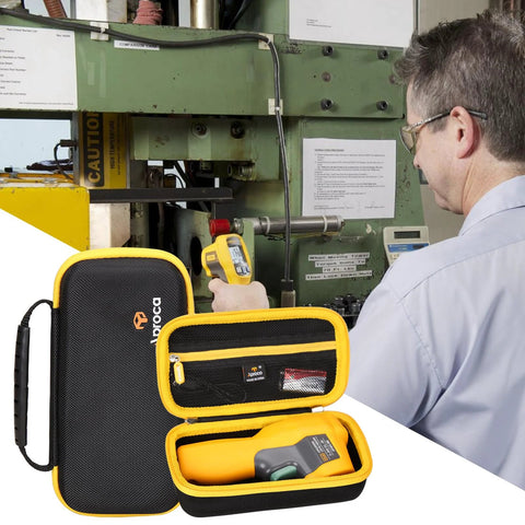 Front view of Aproca case for Fluke infrared thermometer accessories; black with yellow trim, open to reveal pockets.