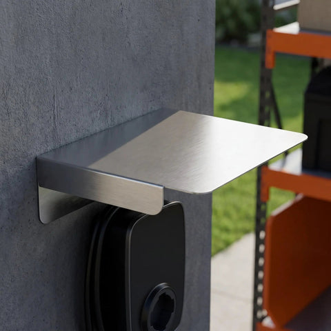 Rock Solid Outdoor EV Charging Station Protector Stainless Steel Cover on wall with EV charger, heavy duty and weather ready.