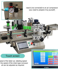 Hustle Ready High Speed Round Bottle Labeling Machine For Cosmetics Food And Drinks With Desktop Conveyor and Catch Tray Quick Power Up No Sweat Operation Cuts Heavy Payroll Labor showing touch screen controls and air compressor connections.