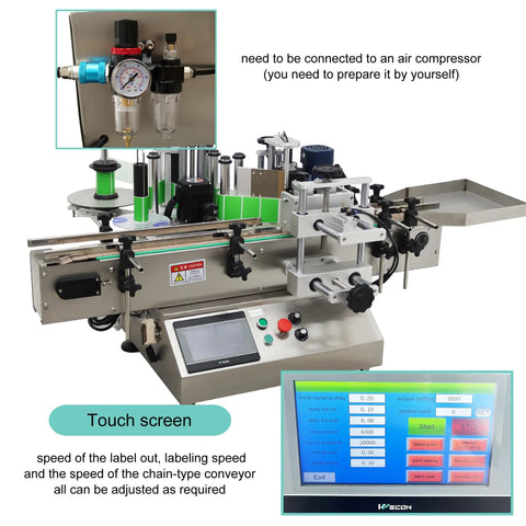 Hustle Ready High Speed Round Bottle Labeling Machine For Cosmetics Food And Drinks With Desktop Conveyor and Catch Tray Quick Power Up No Sweat Operation Cuts Heavy Payroll Labor showing touch screen controls and air compressor connections.
