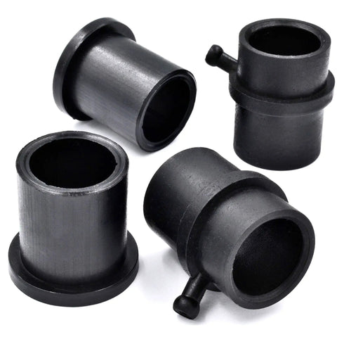 Four black bushings from Beefed Up Front Wheel Bearing Rebuild Kit For Two Front Wheels With Complete Hardware, Bushings And Free Hubcaps Fits MTD Cub Cadet Craftsman Troy Bilt White Huskee Bolens Tractors