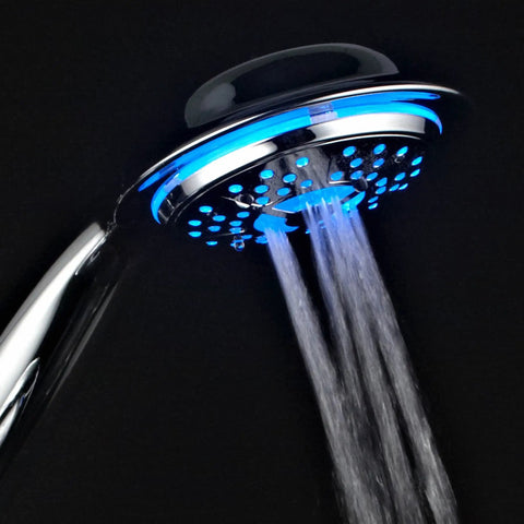 All Chrome 3 Way LED Shower Head And Handheld Combo With Air Jet Turbo Pressure Boost Nozzles Color Changing LEDs Reacting To Water Temperature Powered By Running Water No Batteries Needed Use Heads Separately Or Together For Maximum Shower Power