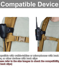 Universal Clip On Two Way Radio Mount for backpacks demonstrating compatibility with walkie talkies and mics.
