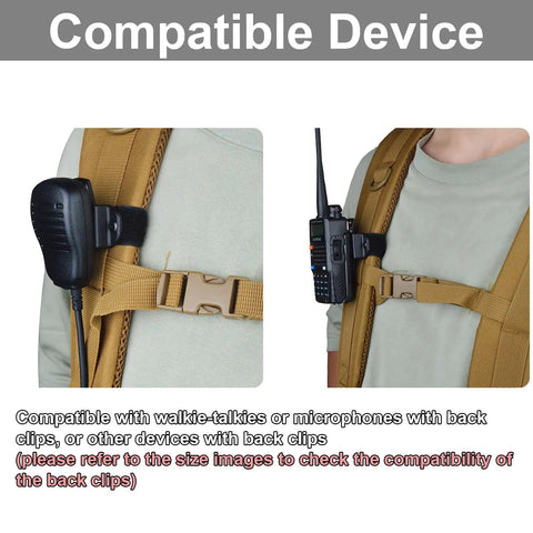 Universal Clip On Two Way Radio Mount for backpacks demonstrating compatibility with walkie talkies and mics.