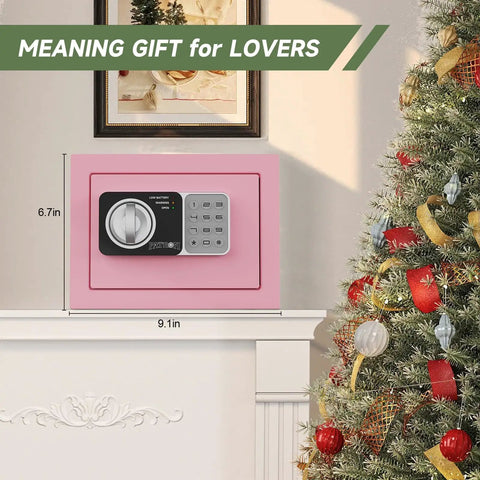 Pink Mini Safe Box With Code And Keys, Small Home Money Safe, 0.236 Cubic Feet, on mantel near Christmas tree.