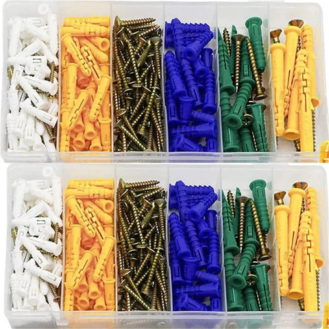 Self Drilling Drywall Anchors Kit With Screws 232-Piece Wall Plugs And Expansion Bolts For Quick No-Prep Install And Easy Heavy-Duty Mounts On Studless Walls Yellow Zinc Plated Carbon Steel For Rust And Wear Resistance. assorted drywall anchors and screws in a compartment box