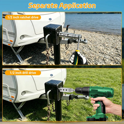 Badass Trailer Jack Drill Adapter Featuring Half Inch Square Drive compatible with power drills and ratchets shown in use.