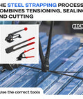 Beefed-Up Heavy Duty Steel Strapping Kit With 3/4 Inch By 300 Foot Coil, 1700 Lbs Break Strength, tools illustrated in use