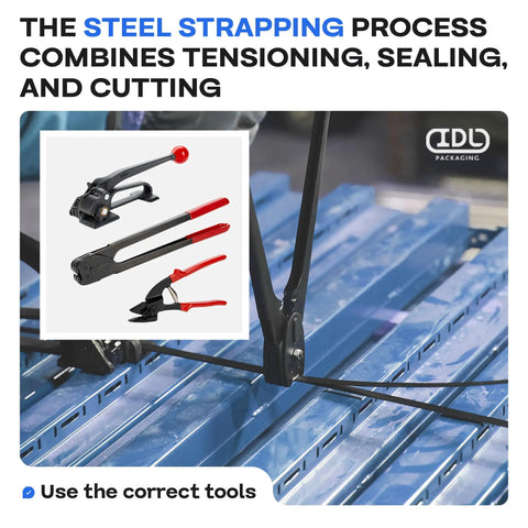 Beefed-Up Heavy Duty Steel Strapping Kit With 3/4 Inch By 300 Foot Coil, 1700 Lbs Break Strength, tools illustrated in use