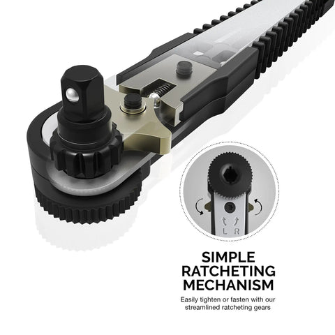 Close-up of Right Angle Mini Ratchet Wrench With 1 Quarter Inch Dual Drive Head Bits And Socket Set 17 Piece CRV Steel Tool Kit