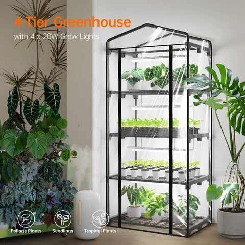 Indoor Greenhouse With Grow Light Four Tier Full Spectrum 20W Lights With Timer Compact Seed Starting Tent For Indoor Plants Seed Tray Rack 27.2 x 19.9 x 61.8 Inches