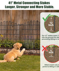 No Dig 10 Panel Decorative Garden Fence Set with dog playing, rustproof iron panels, 41-inch stakes shown for stability