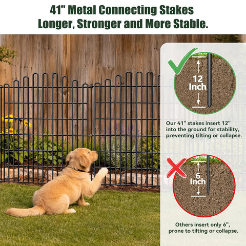No Dig 10 Panel Decorative Garden Fence Set with dog playing, rustproof iron panels, 41-inch stakes shown for stability