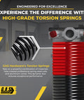 Close-up of left side garage door torsion spring 225x1.75x31 with red cone finish, highlighting steel coils and aluminum cones.