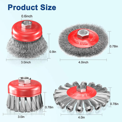 Product sizes of 7 Piece Wire Wheel Brush Set For 4.5 Inch Angle Grinders With 5 8 UNC Threaded Arbor, knotted and crimped cups