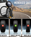 Digital Tire Pressure Gauge With Inflator 3 To 250 PSI Kit shown attached to car tire, illustrating correct tire inflation for safety.