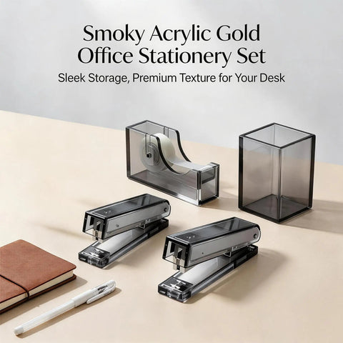 Smoke Grey 4 Piece Acrylic Office Desk Gear Kit with two staplers, pen cup, and tape dispenser, minimalist workspace essentials