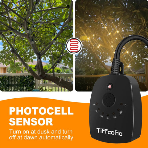 Weatherproof Outdoor Light Timer With 100 Ft Remote And Auto Dusk To Dawn Sensor Built Tough 15 Amp Heavy Duty Dual Outlet Plug In Switch For Yard Lights And Holiday Decor Super Easy Setup No Sweat Tonight in use during dusk with lights on