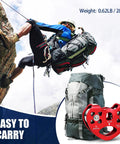 Climber using Dual Tandem Zip Line Pulley For 8 To 13mm Rope, Beefy Aluminum Alloy Shell With Stainless Bearings For Smoother Run, 25KN Strength Hauling Rigging, with a red pulley and gray backpack shown.