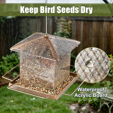 Built Tough Outdoor Hanging Bird Feeder with Waterproof Metal Build in rain showcasing large seed capacity and copper detail.