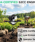 Beast 52cc Gas Powered Earth Auger with 1800W Peak Output, shown in garden setting, EPA-certified engine visible, low emissions.