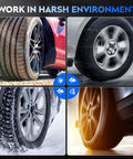 Tires of cars in various harsh weather conditions, showing road grip and durability for different environments.