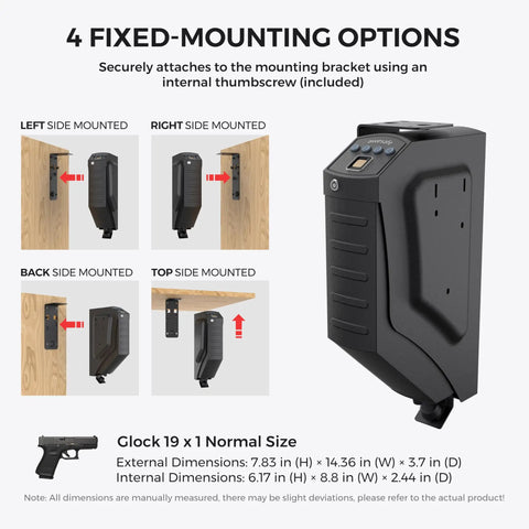 Biometric Pistol Safe With Three Ways Quick Access No Fuss Auto Open Lid Fingerprint And Digital Pin Key UL1037 Certified Handgun Safe showcased with four mounting options.