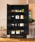 61 Inch Tall Farmhouse Metal Pantry Cabinet With Two Barn Doors And Adjustable Shelves Built To Last Heavy Duty Steel Kitchen Storage Cabinet For Pantry Laundry Room Home Office And Kids Room In Black Finish showing open doors with stored items