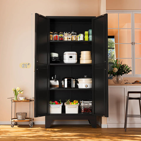 61 Inch Tall Farmhouse Metal Pantry Cabinet With Two Barn Doors And Adjustable Shelves Built To Last Heavy Duty Steel Kitchen Storage Cabinet For Pantry Laundry Room Home Office And Kids Room In Black Finish showing open doors with stored items