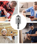 Hex Shank Drill Chuck Converter with quick change, chrome vanadium steel, shown in woodworking and metalworking tasks