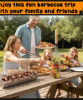 Family enjoying outdoor BBQ with Rolling Grill Basket With Removable Handle 304 Stainless Steel Nesting Grilling Net for veggies and shrimp