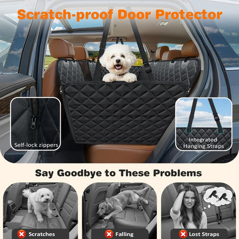 4 In 1 Dog Car Seat Cover For Back Seat Paw Proof Waterproof Hammock With Mesh Window And Side Flaps in black quilted design.