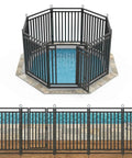 Removable Pool Fence 36Ft By 40In, 14 Panels And 2 Gates, shown installed around a pool, black-silver heavy-duty rust-resistant metal.