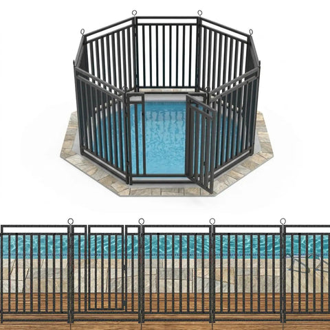 Removable Pool Fence 36Ft By 40In, 14 Panels And 2 Gates, shown installed around a pool, black-silver heavy-duty rust-resistant metal.