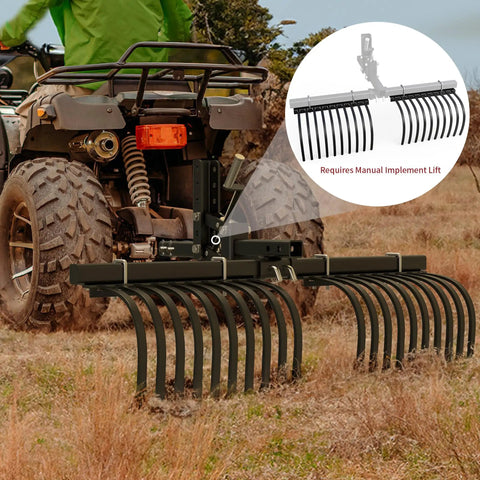 ATV with Workhorse Heavy Duty ATV UTV Landscape Rake Tool for rock, grass clumps, and debris cleanup, fits 1-point lift system