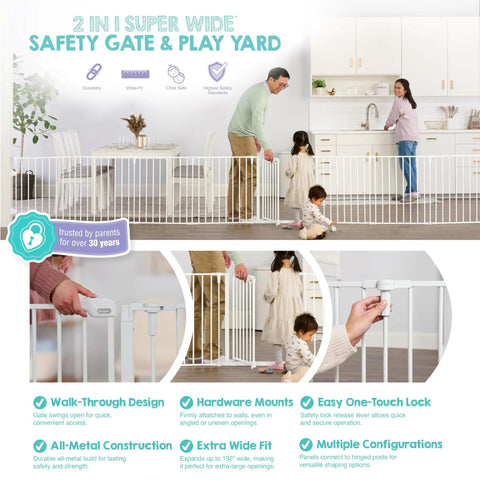 Ultra Wide Baby Gate And Play Yard For Kid And Pet Friendly Homes Nearly 16 Feet Long Two In One Convertible Safety Barrier Hardware Mounted For Toddlers And Pets Tested And Trusted For 30 Years American Designed And Owned White shown in use as a safety gate in a home with children and parents