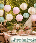 12 Pack Camp Bachelorette Paper Lanterns Set in Gingham Green Tan Pink, including three colors for layered party decor over table.