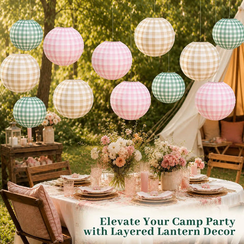 12 Pack Camp Bachelorette Paper Lanterns Set in Gingham Green Tan Pink, including three colors for layered party decor over table.