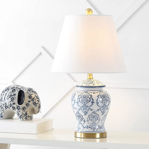 Blue And White Chinoiserie Ceramic Urn Table Lamp With White Linen Shade Classic Nightstand Light For Living Room And Bedroom