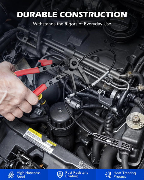 Orion Motor Tech long-reach hose clamp pliers with red handles in use inside a car engine bay.