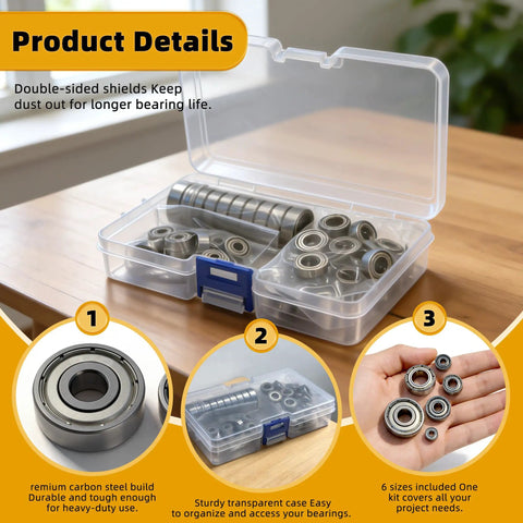 60 Piece Deep Groove Ball Bearing Assortment Kit In Six Sizes 608ZZ 693ZZ 695ZZ 626ZZ 627ZZ 6000ZZ in storage case on table
