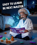 Child in lab coat reading manual with Hands On Electric Circuit Kit With Over 450 DIY Projects And 45 Parts For Kids Ages 4 To 12 A Super Cool STEM Toy Set