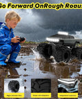 Child playing with Amphibious 1 to 18 Scale RC Car Beasts All Terrain 4WD Off Road Pickup in a muddy puddle