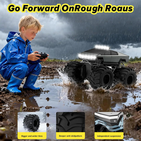 Child playing with Amphibious 1 to 18 Scale RC Car Beasts All Terrain 4WD Off Road Pickup in a muddy puddle