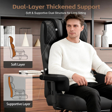 Big And Tall Office Chair For Desk Use With Soft Adjustable Armrests And Comfy Ergonomic High Back With Lumbar Support And Built In Footrest PU Leather Executive Computer Chair In Black with dual-layer support and a man sitting.
