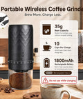 Portable Electric Burr Coffee Grinder Built To Last With Slick Steel Burrs Rechargeable 1800 MAH Battery Drops In Forty Settings Straight Fire Grinds for espresso or cold brew.