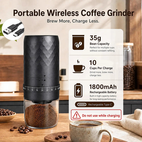 Portable Electric Burr Coffee Grinder Built To Last With Slick Steel Burrs Rechargeable 1800 MAH Battery Drops In Forty Settings Straight Fire Grinds for espresso or cold brew.