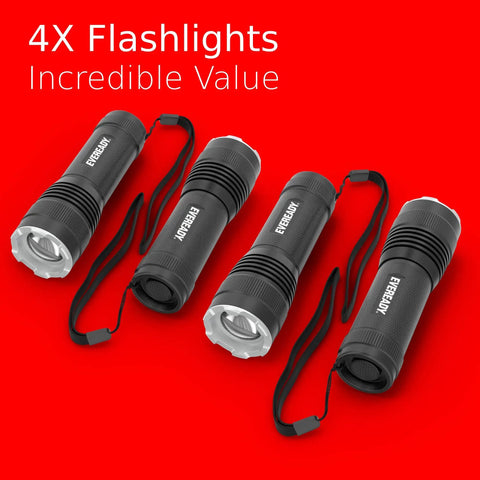 Four Pack LED Tactical Flashlights S300 Pro IPX4 Waterproof Beefy Bright EDC Torches Lanyard Ready Compact Design on red background